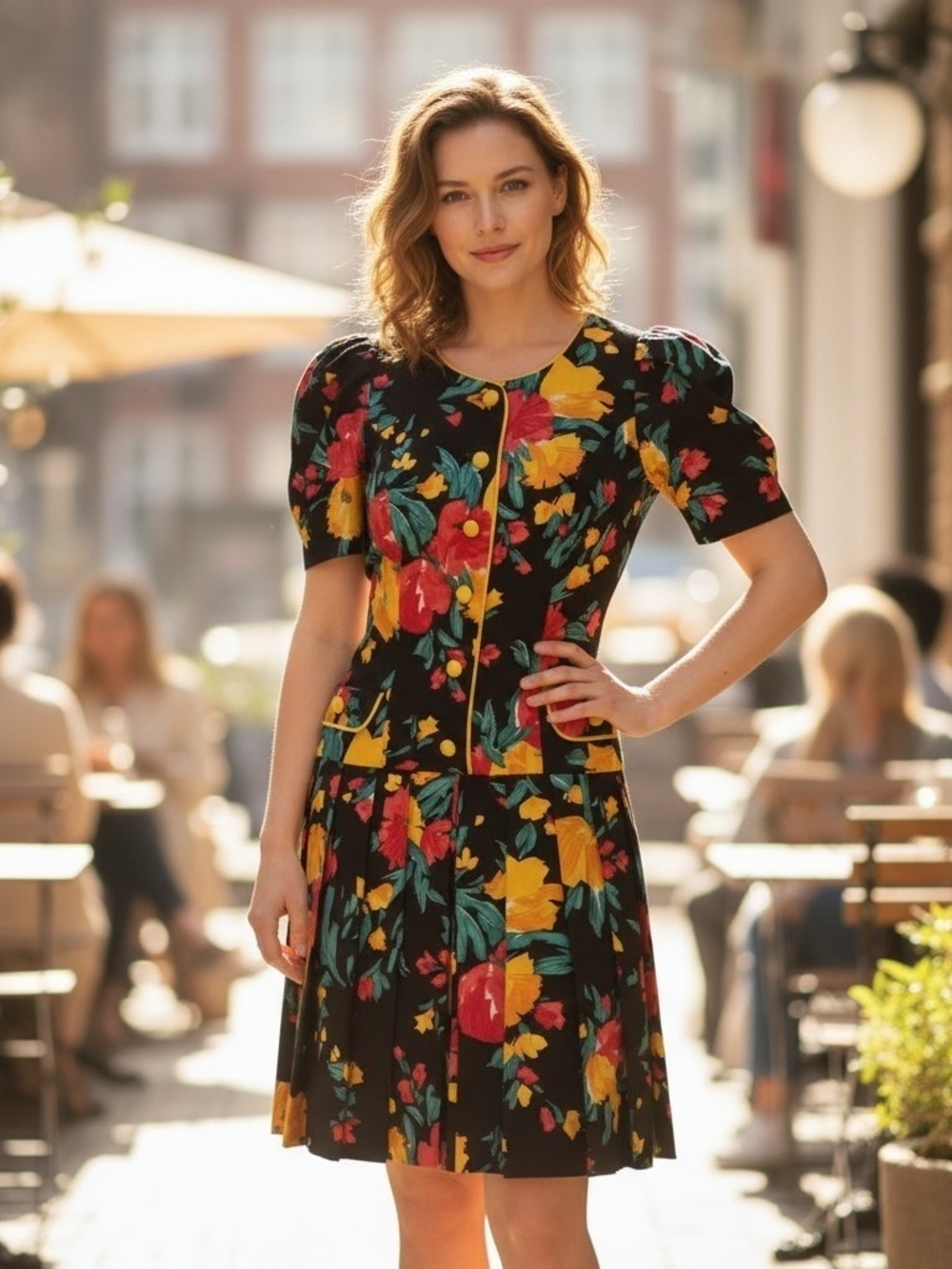Vintage 80s Melissa Tropical Floral Puff Sleeve Drop Waist Retro Size 6